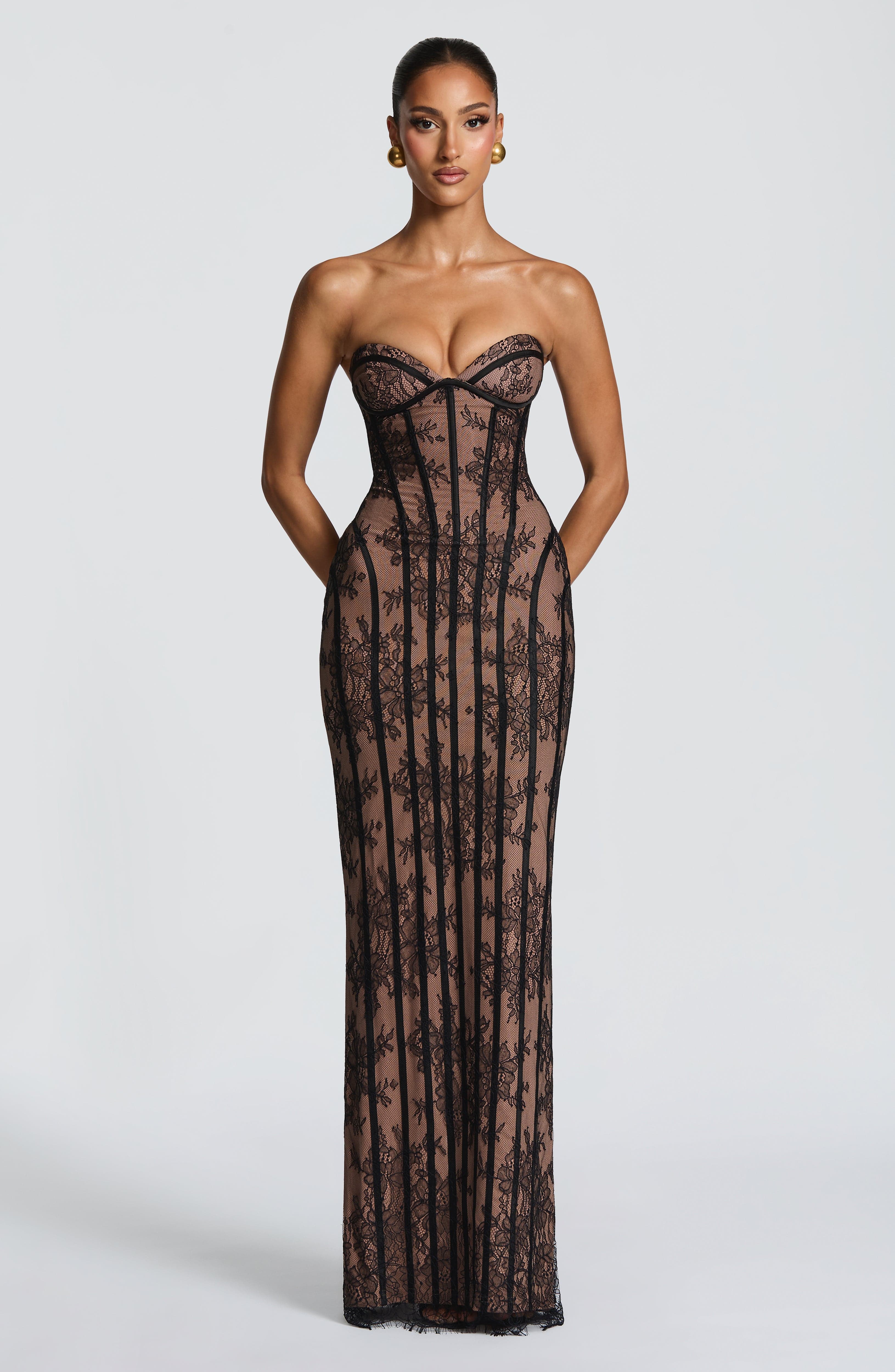 Strapless Lace Column Maxi Dress for Women – Eyelash Hem Evening Gown – Black