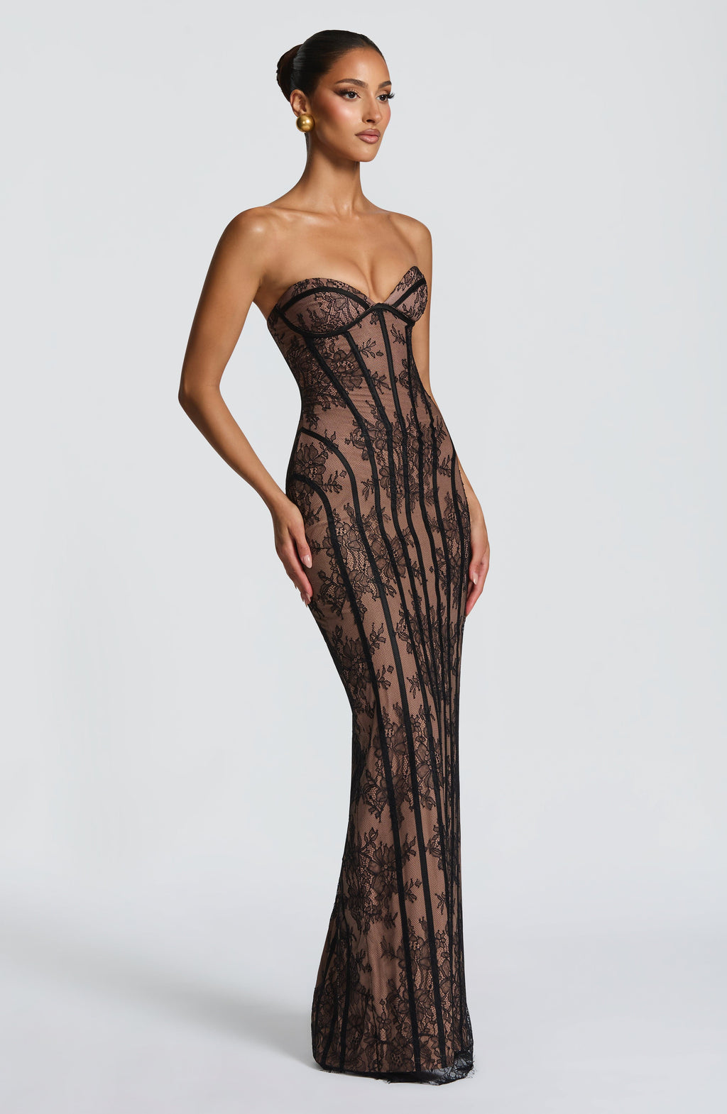 Strapless Lace Column Maxi Dress for Women – Eyelash Hem Evening Gown – Black