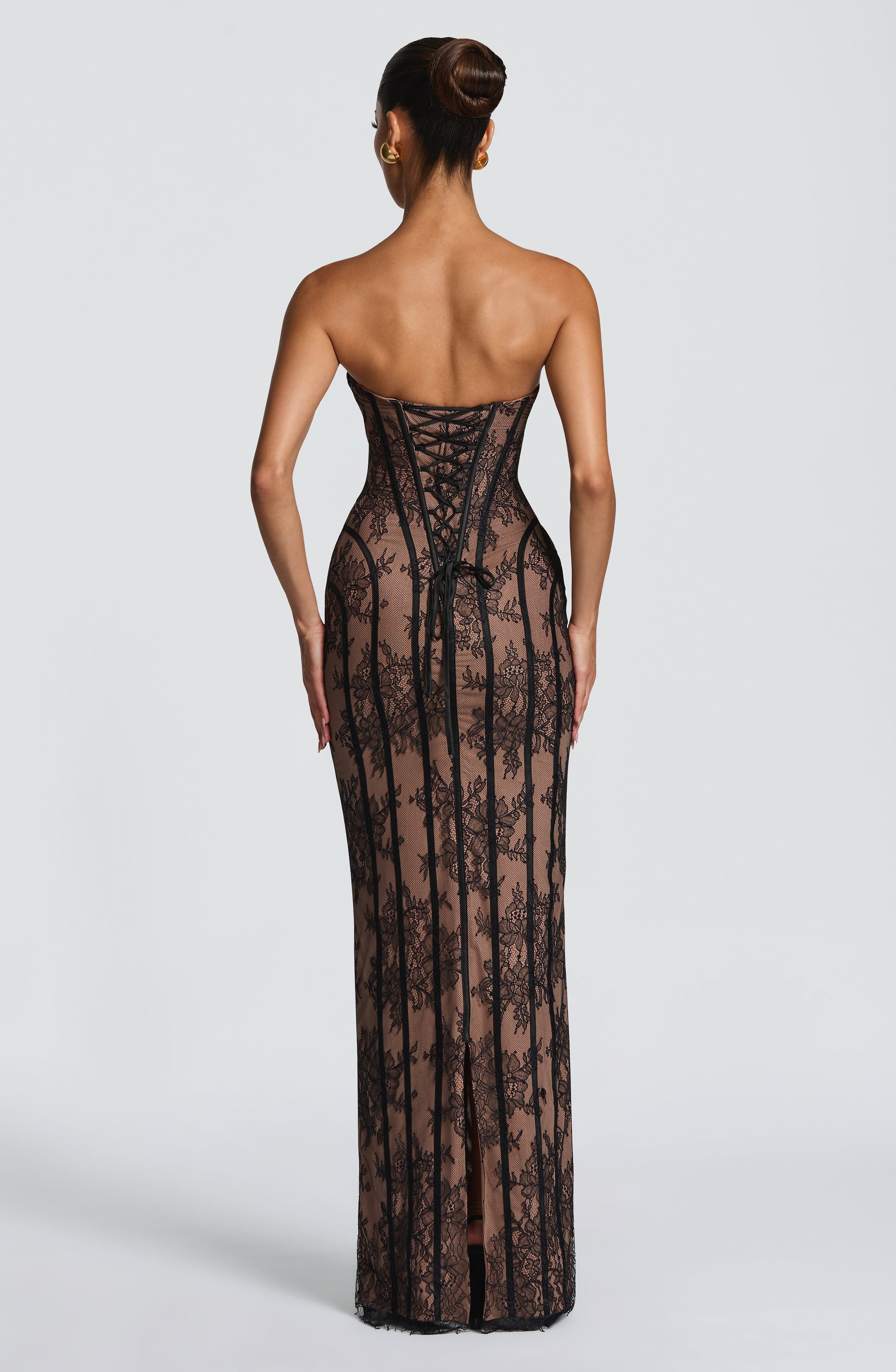 Strapless Lace Column Maxi Dress for Women – Eyelash Hem Evening Gown – Black