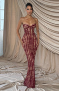 Strapless Lace Column Maxi Dress for Women – Eyelash Hem Evening Gown – Burgundy