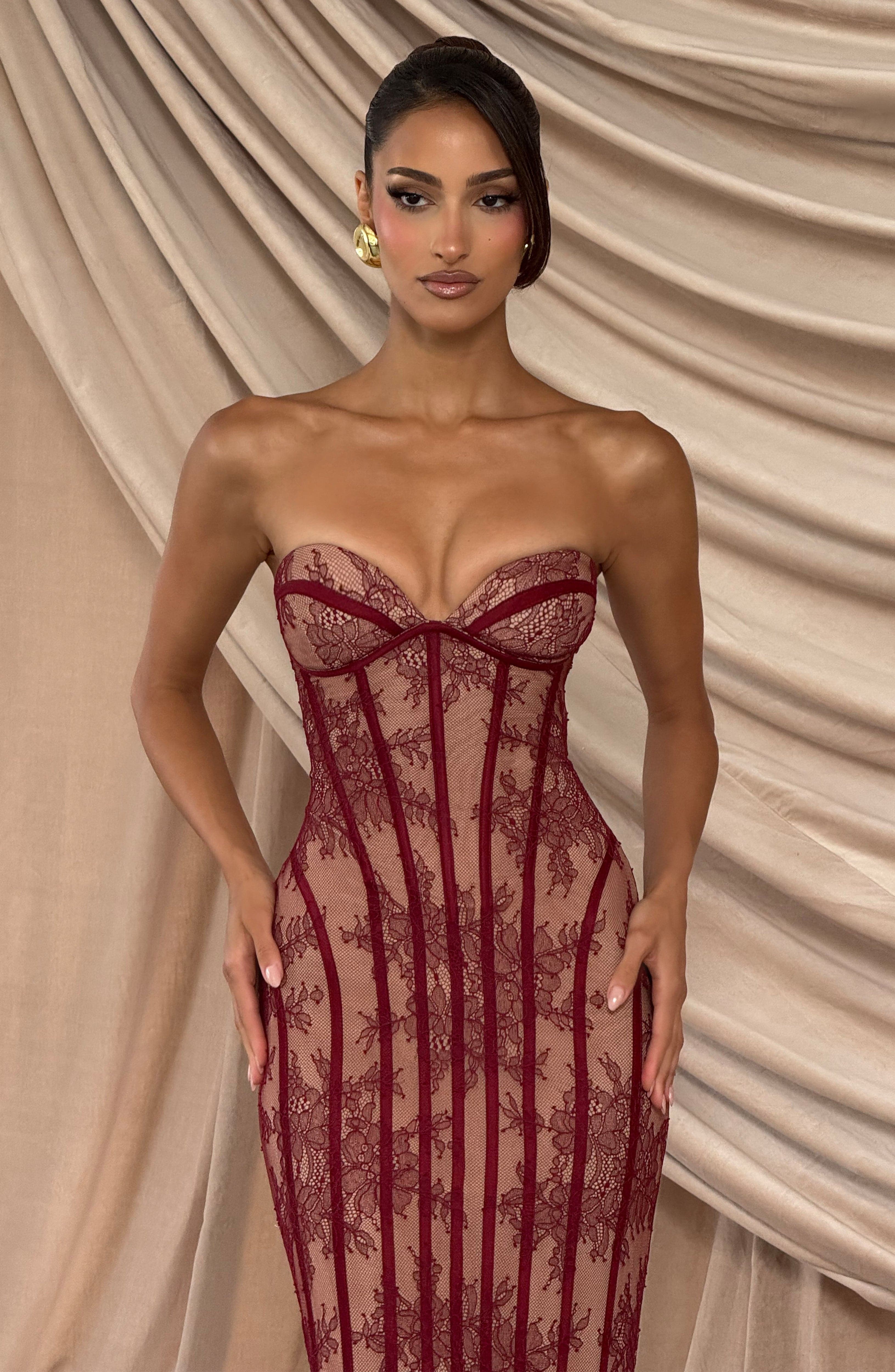 Strapless Lace Column Maxi Dress for Women – Eyelash Hem Evening Gown – Burgundy