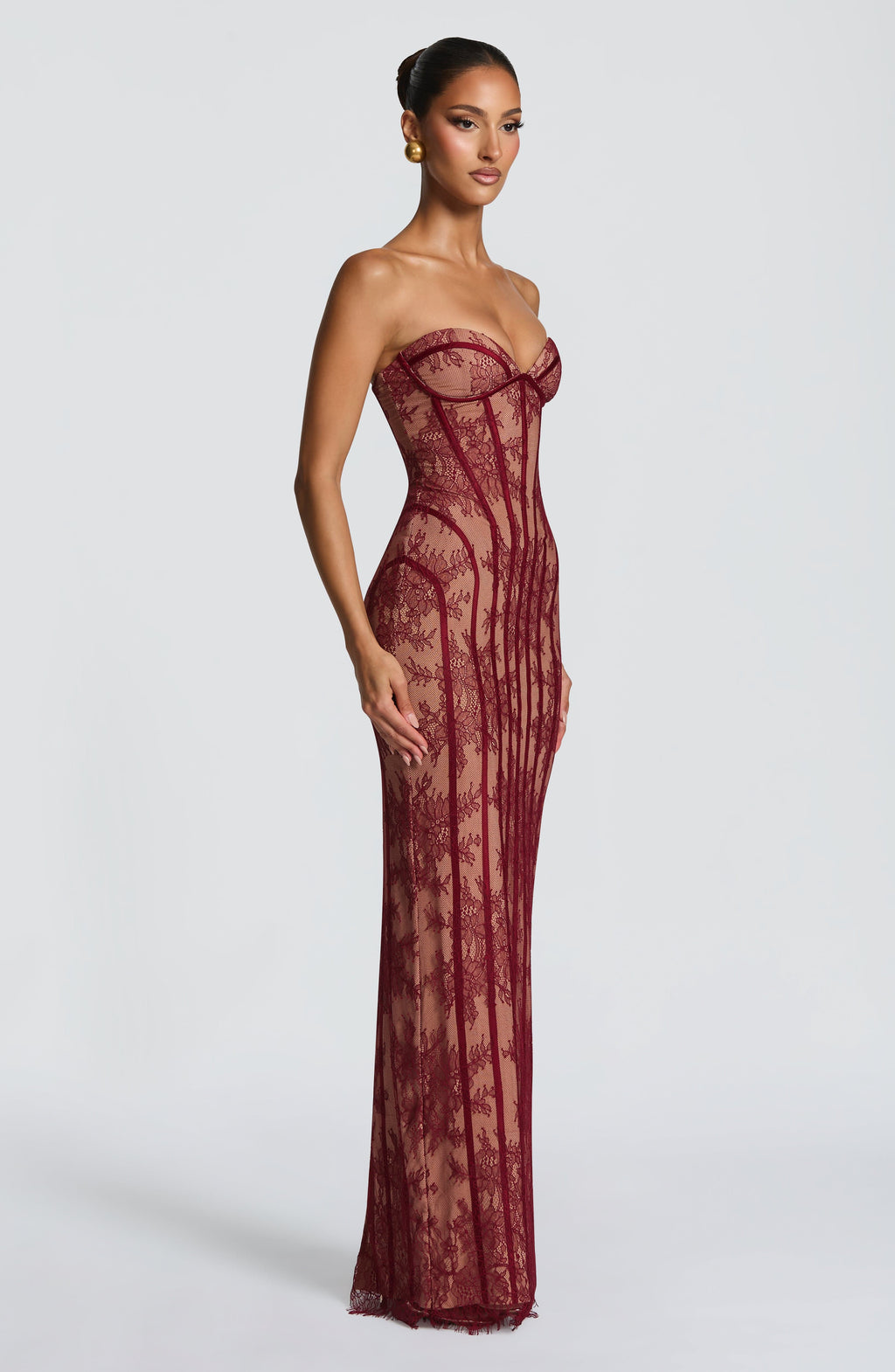 Strapless Lace Column Maxi Dress for Women – Eyelash Hem Evening Gown – Burgundy