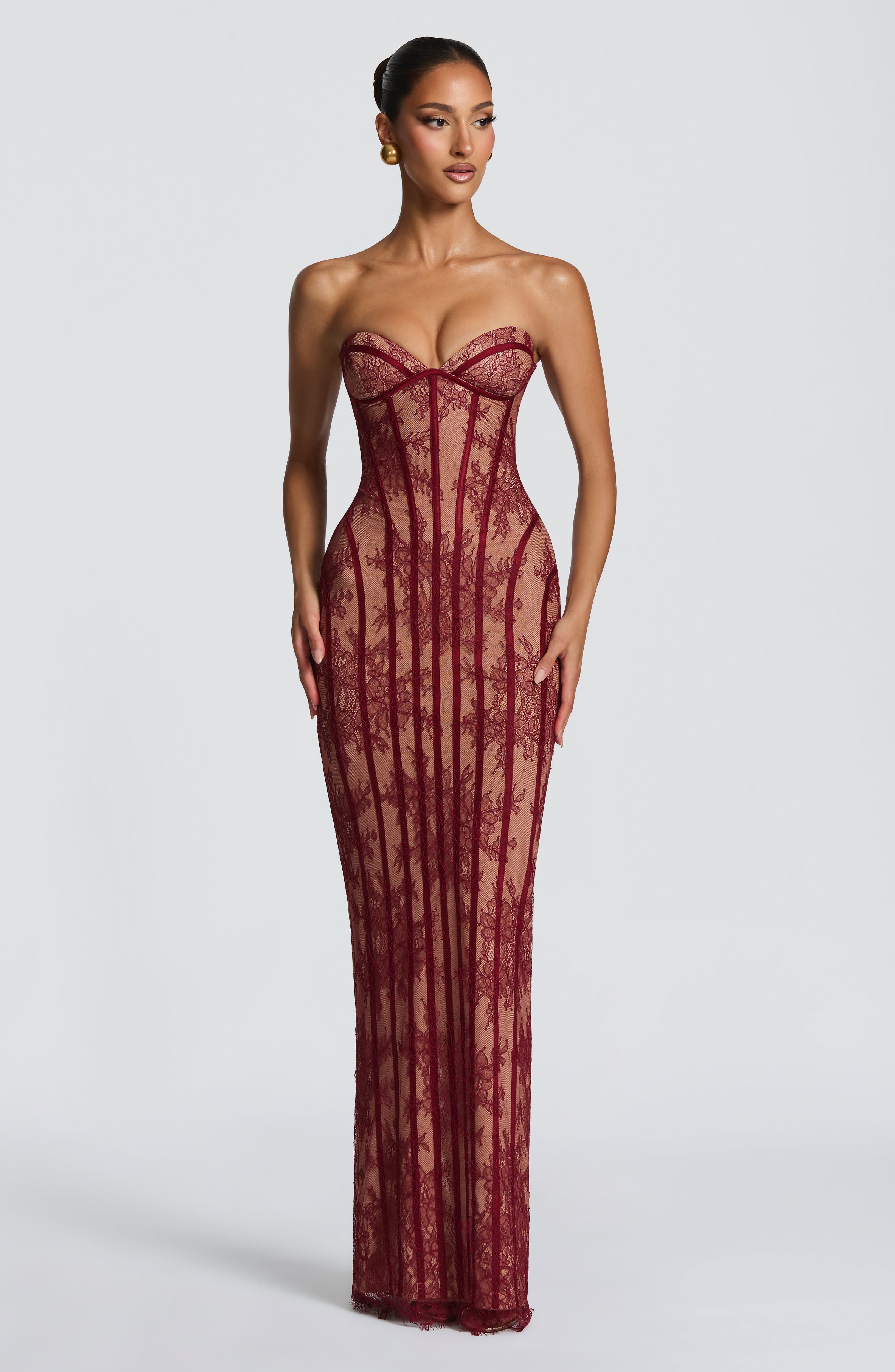 Strapless Lace Column Maxi Dress for Women – Eyelash Hem Evening Gown – Burgundy