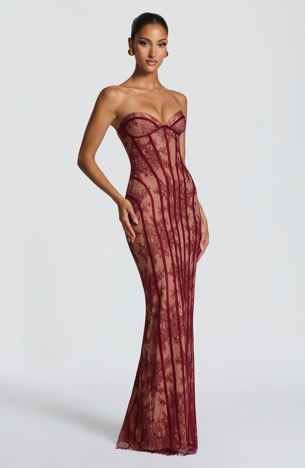 Strapless Lace Column Maxi Dress for Women – Eyelash Hem Evening Gown – Burgundy