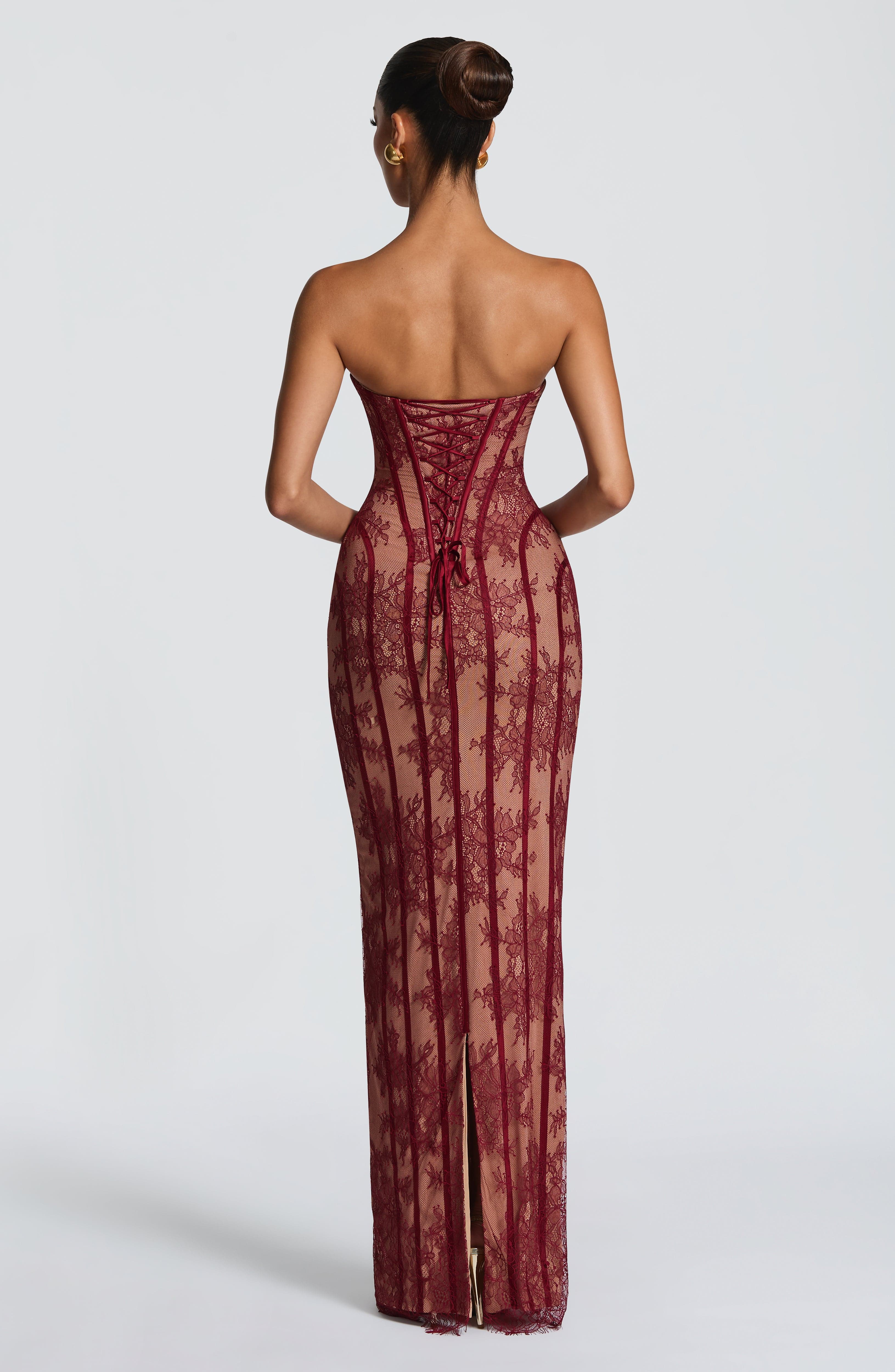 Strapless Lace Column Maxi Dress for Women – Eyelash Hem Evening Gown – Burgundy
