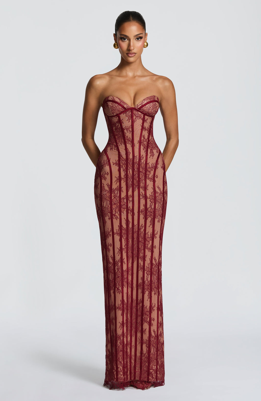 Strapless Lace Column Maxi Dress for Women – Eyelash Hem Evening Gown – Burgundy