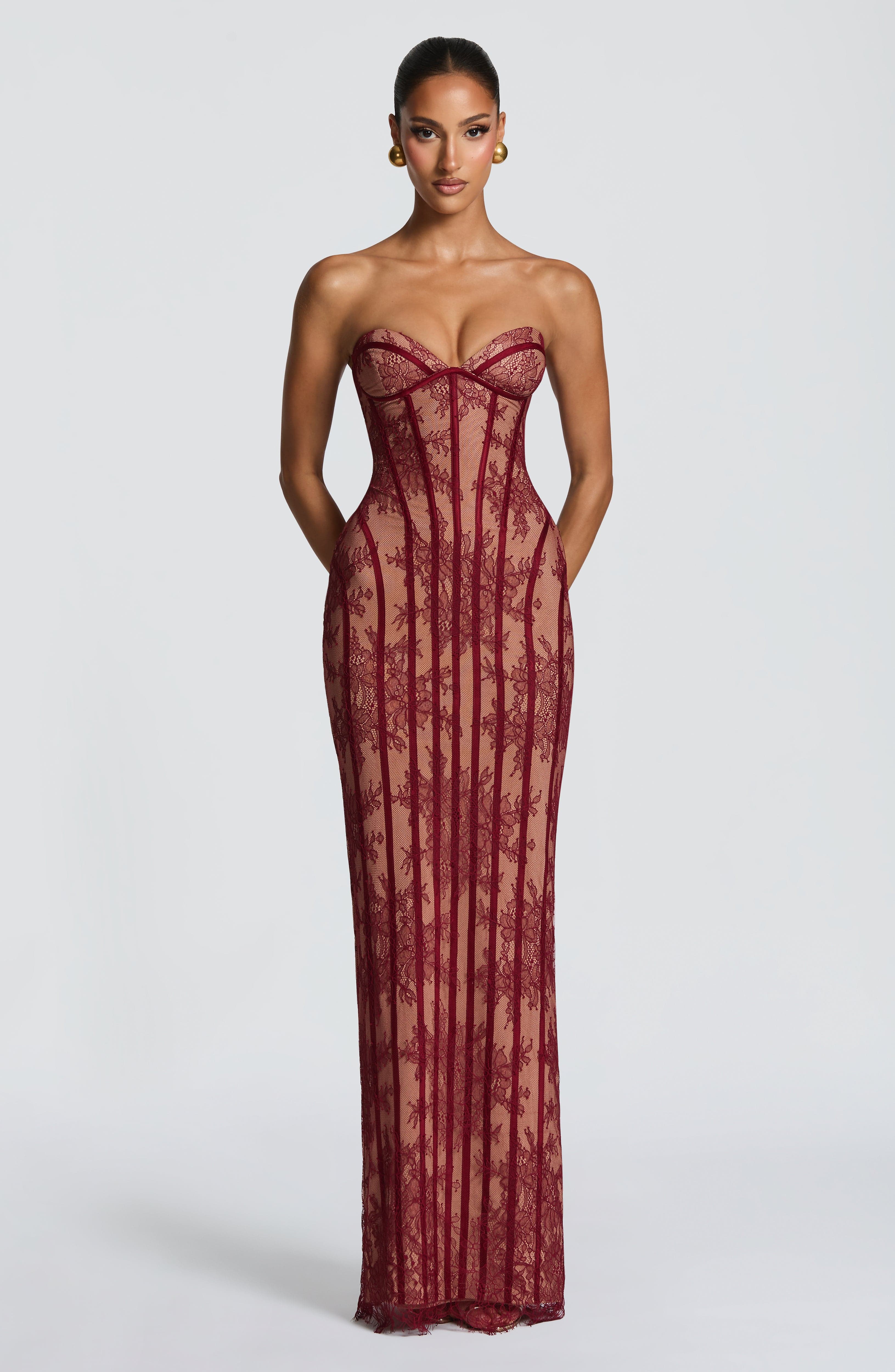 Strapless Lace Column Maxi Dress for Women – Eyelash Hem Evening Gown – Burgundy