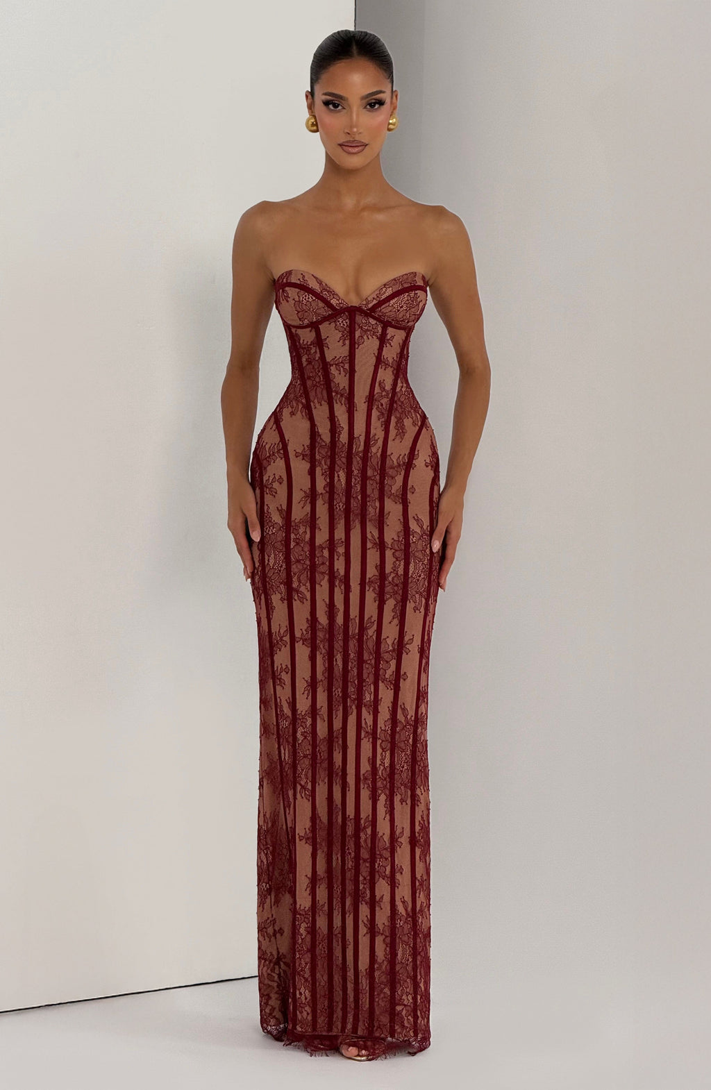 Strapless Lace Column Maxi Dress for Women – Eyelash Hem Evening Gown – Burgundy
