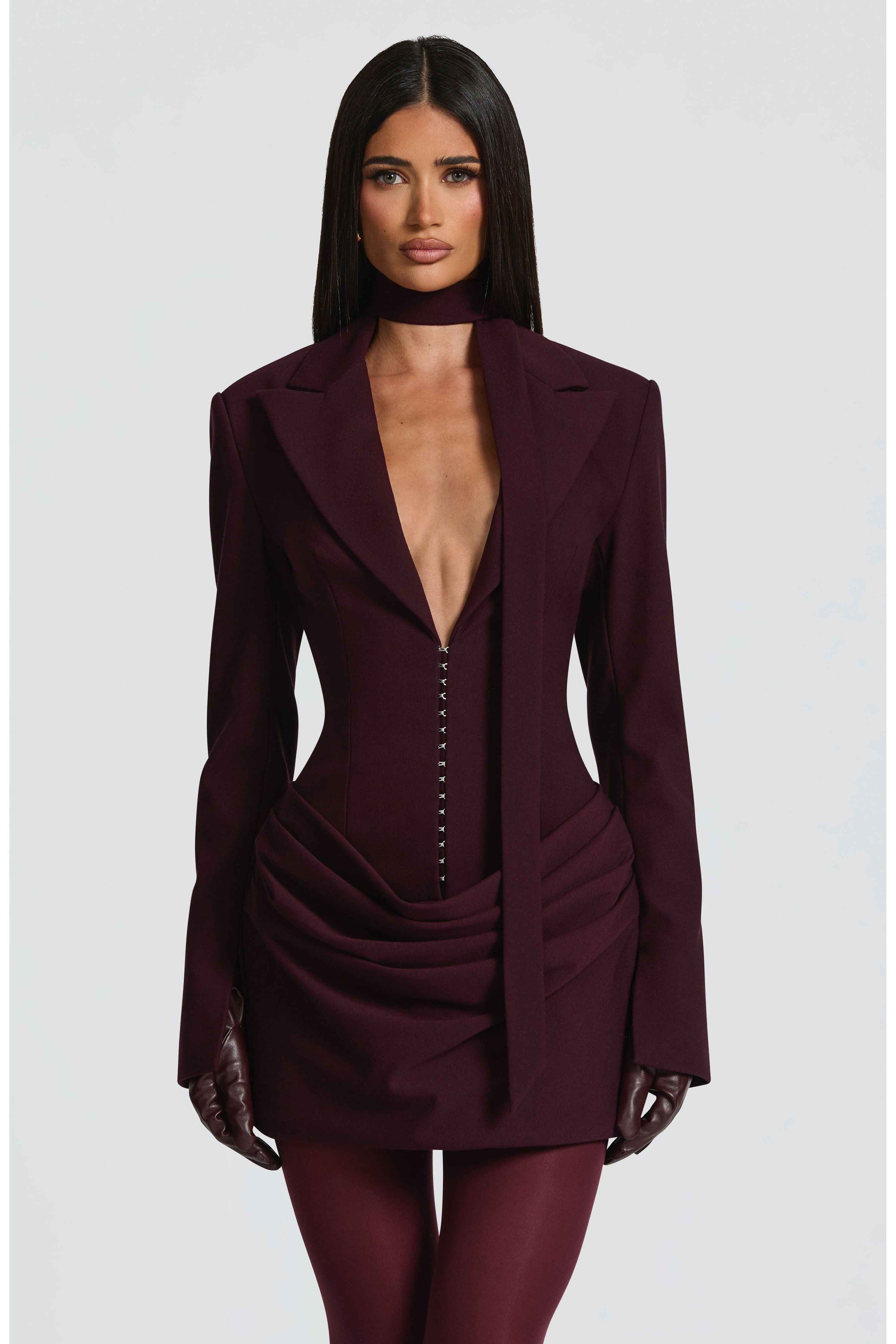 Tailored Blazer Mini Dress for Women – Long Sleeve Plum Party Dress