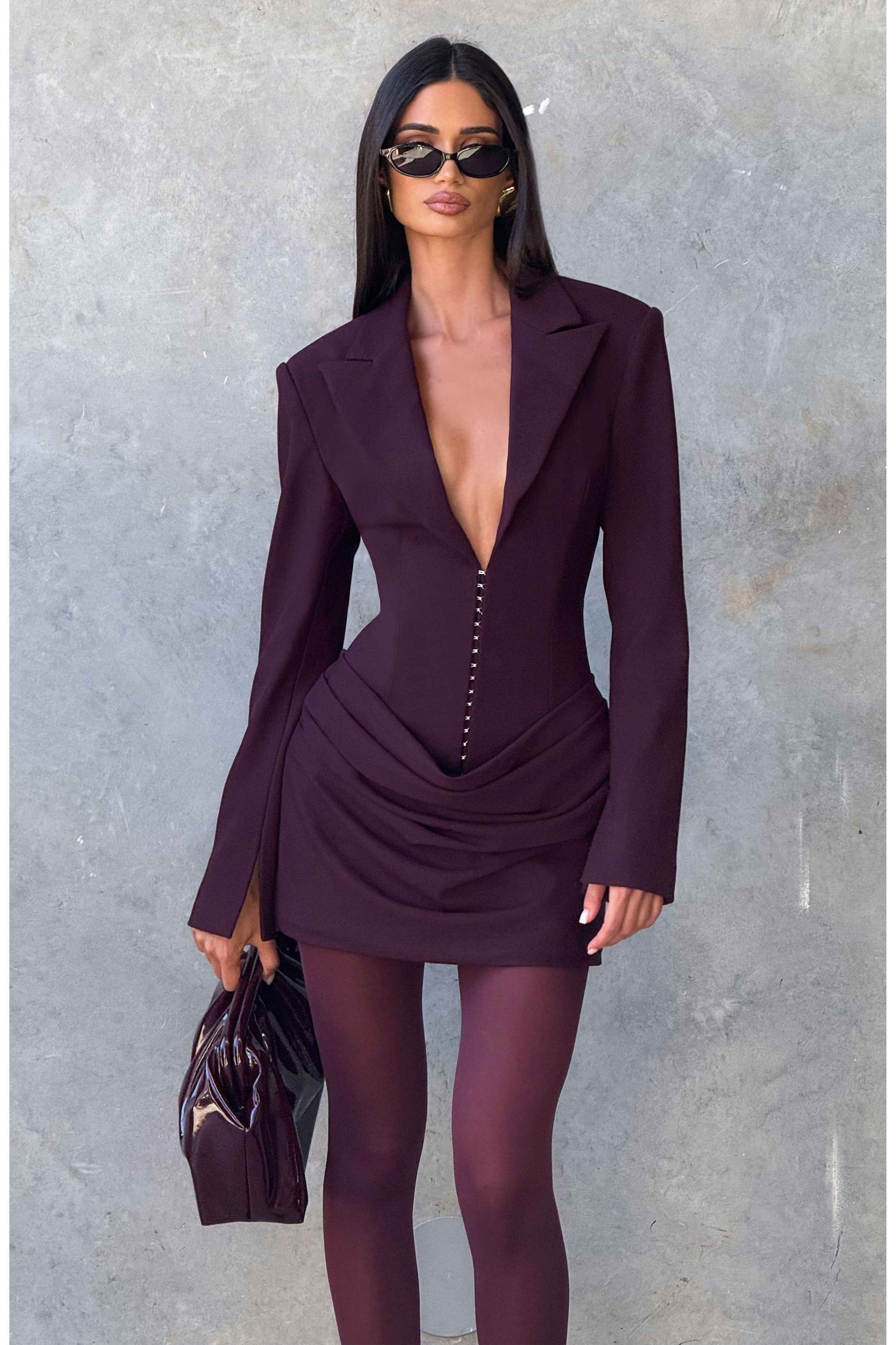 Tailored Blazer Mini Dress for Women – Long Sleeve Plum Party Dress