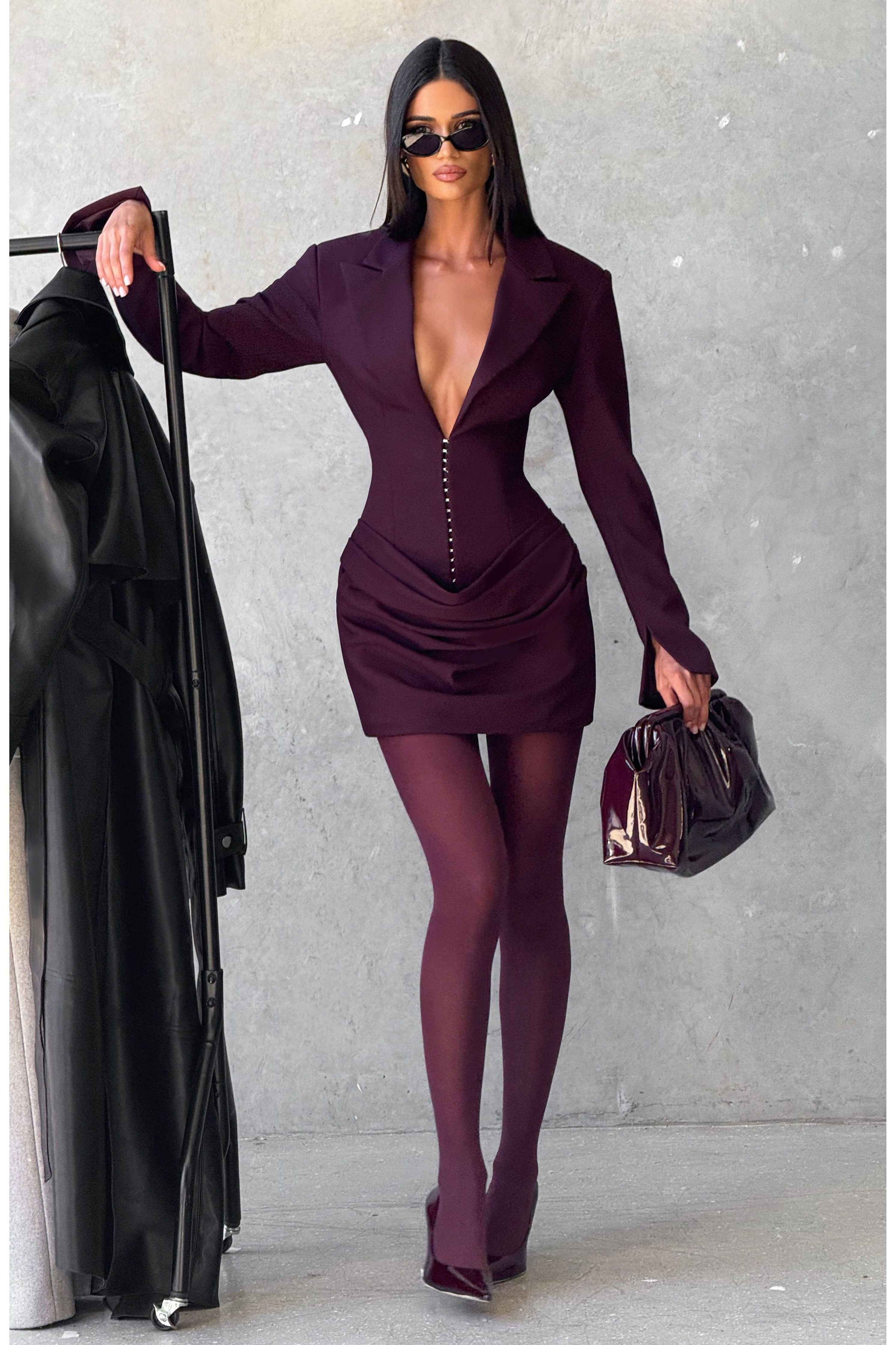 Tailored Blazer Mini Dress for Women – Long Sleeve Plum Party Dress
