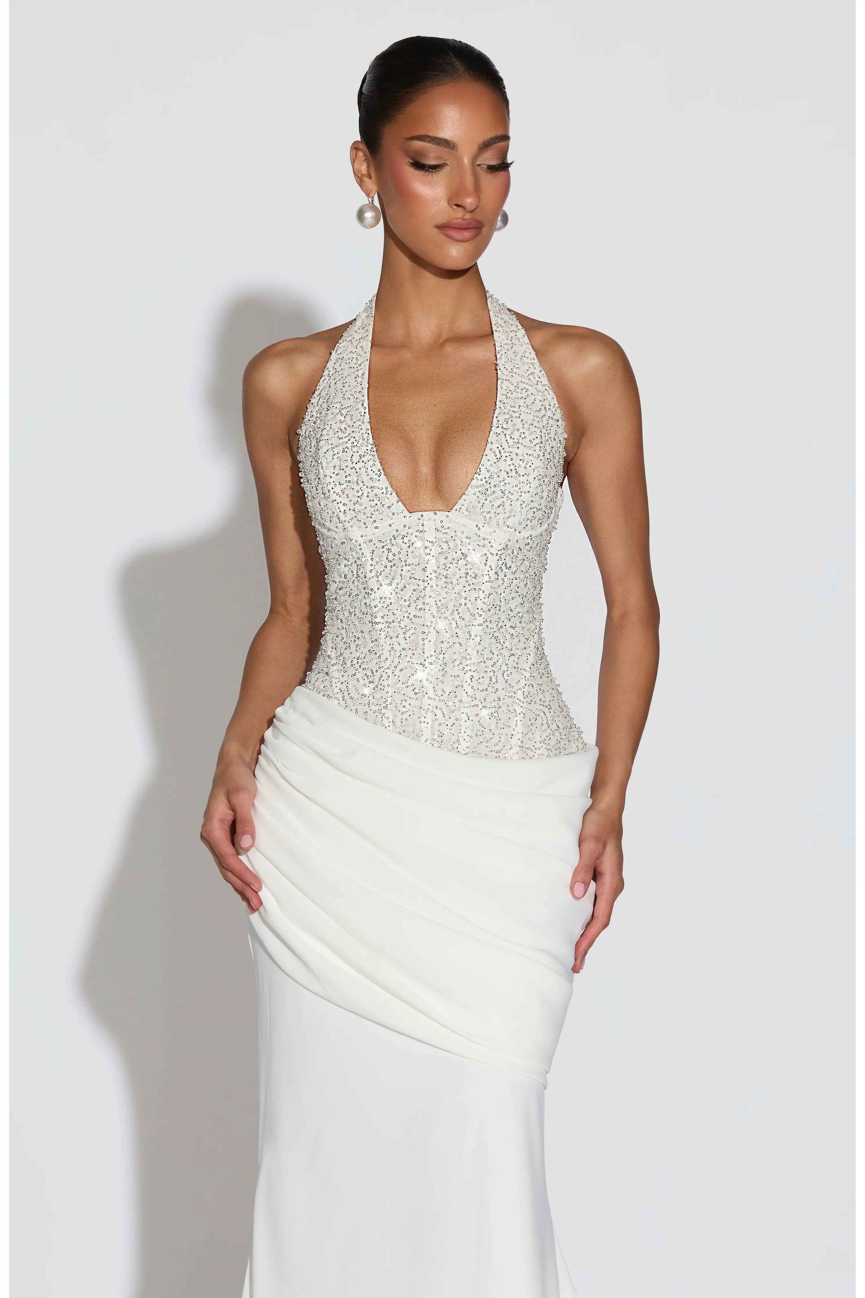 Embellished Halter Maxi Dress for Women – Sleeveless Evening Gown