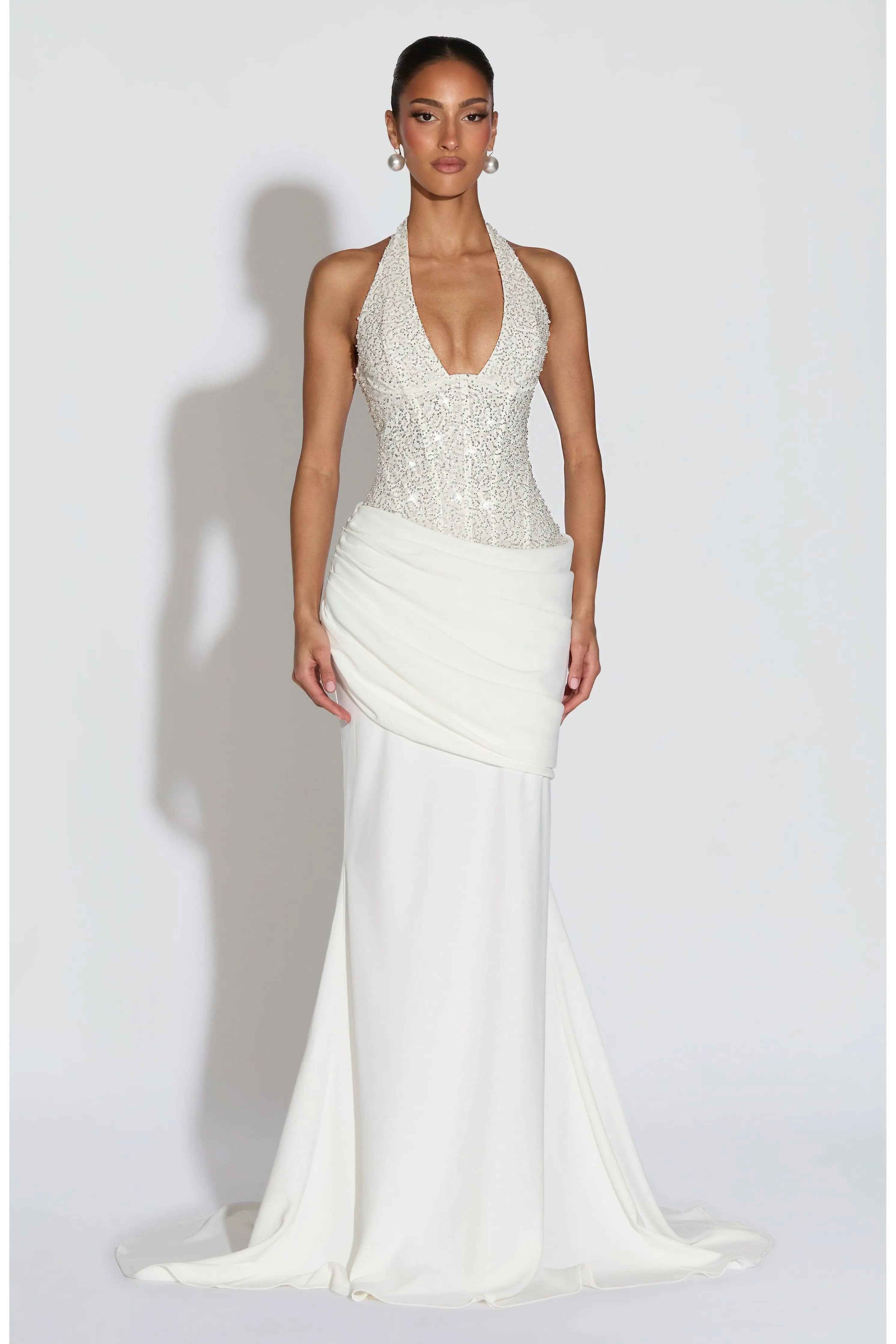 Embellished Halter Maxi Dress for Women – Sleeveless Evening Gown