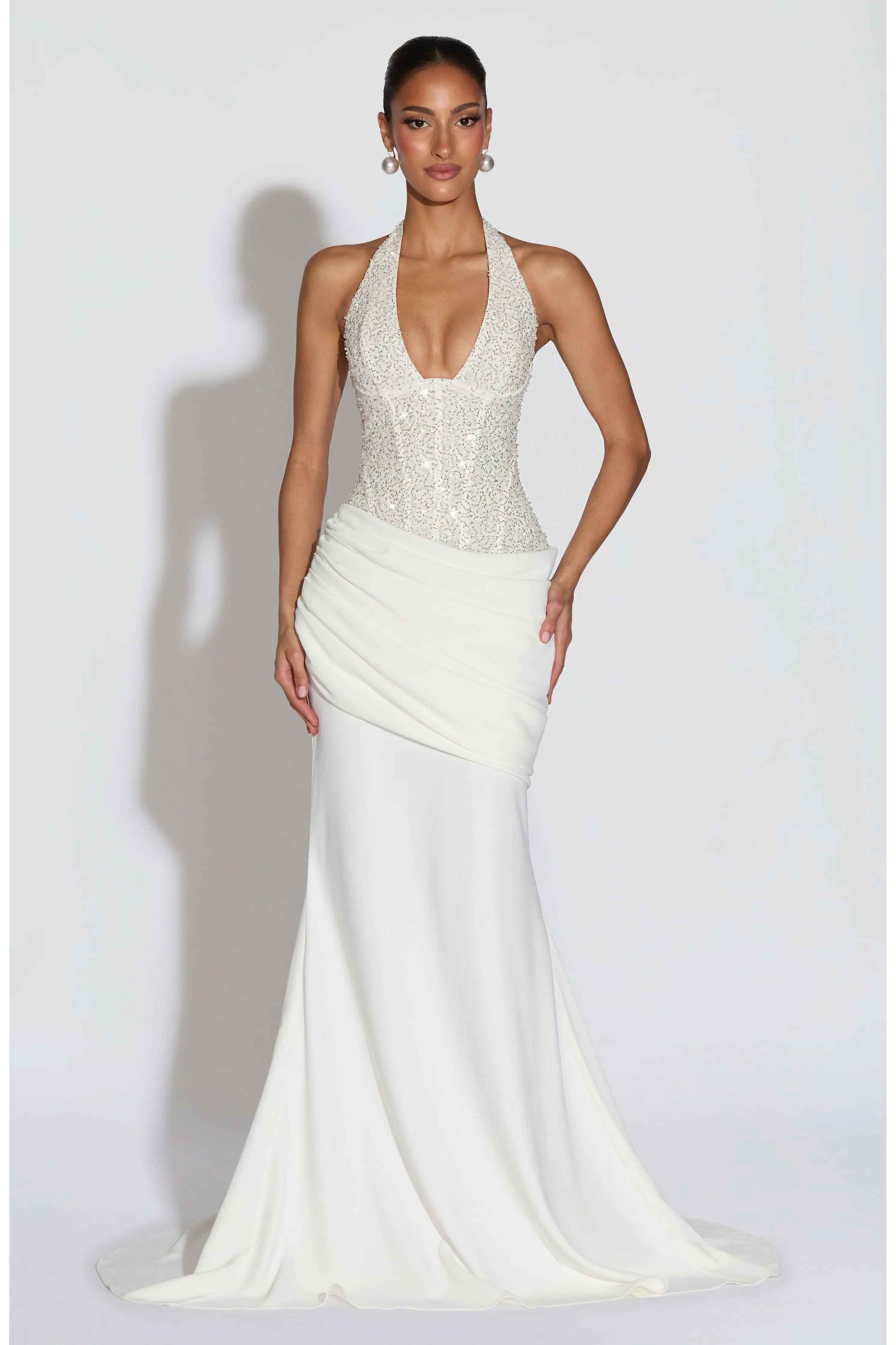 Embellished Halter Maxi Dress for Women – Sleeveless Evening Gown