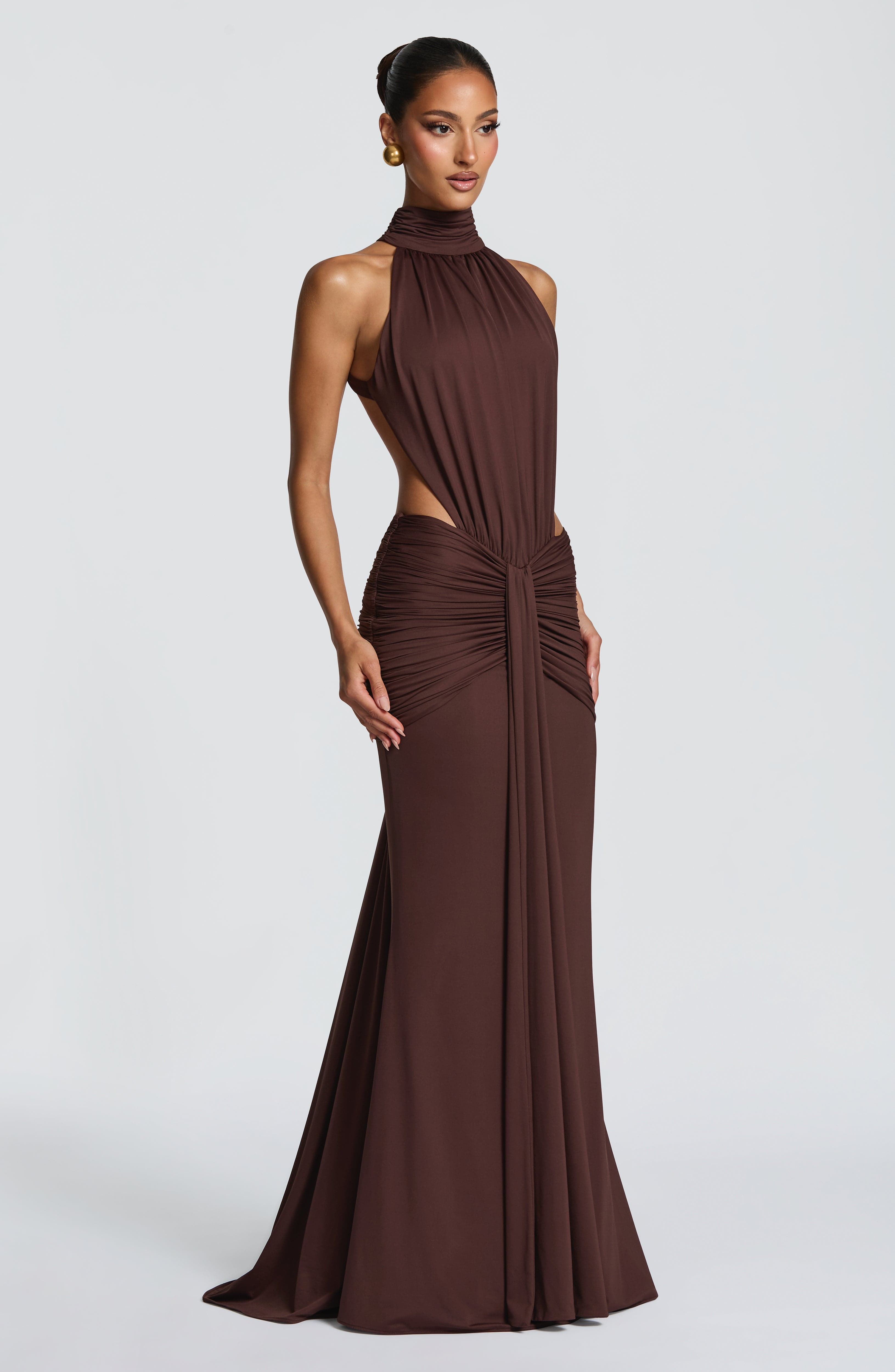 Elegant Maxi Dress for Women – Flowy Evening Gown – Brown