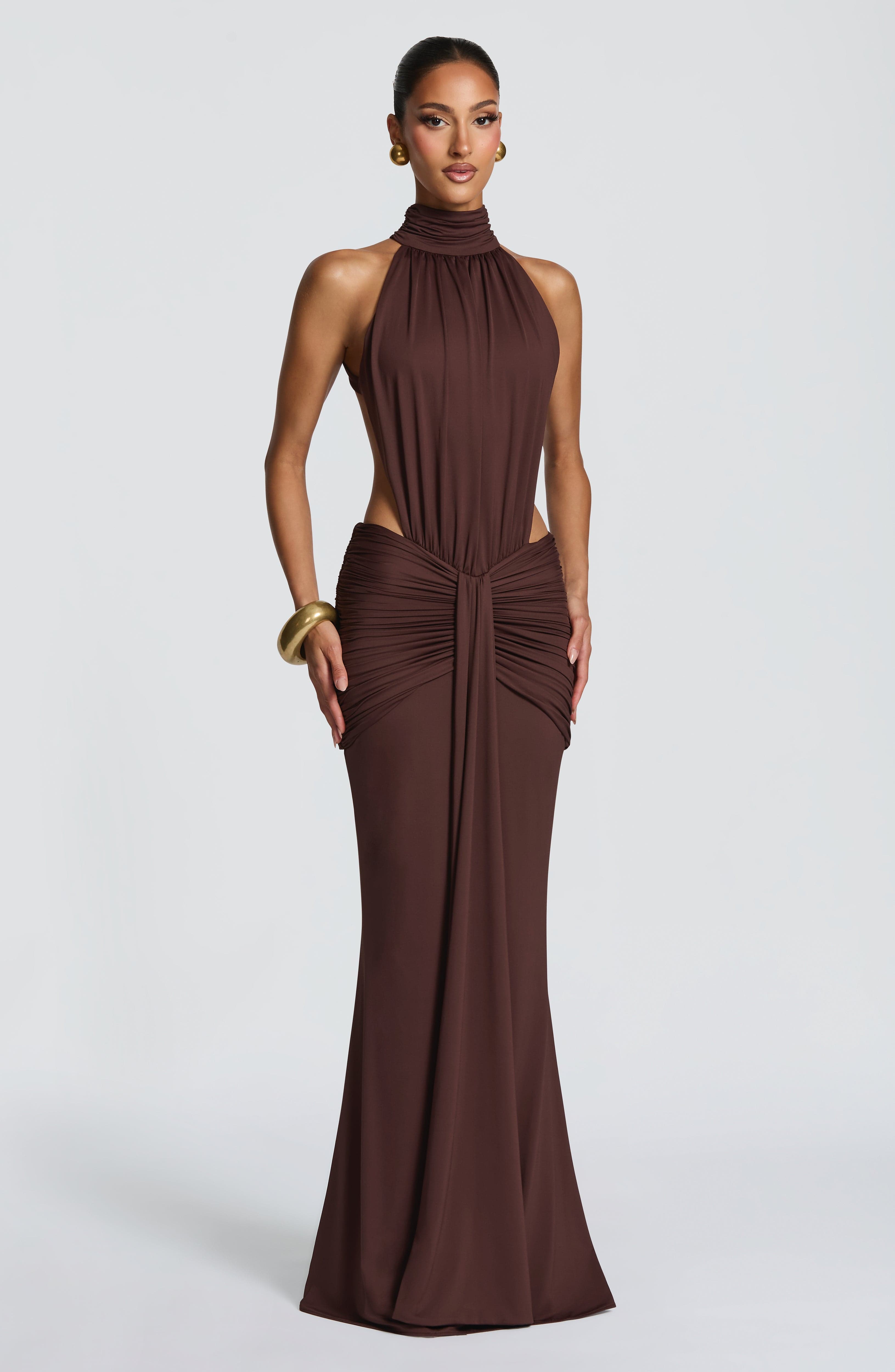 Elegant Maxi Dress for Women – Flowy Evening Gown – Brown