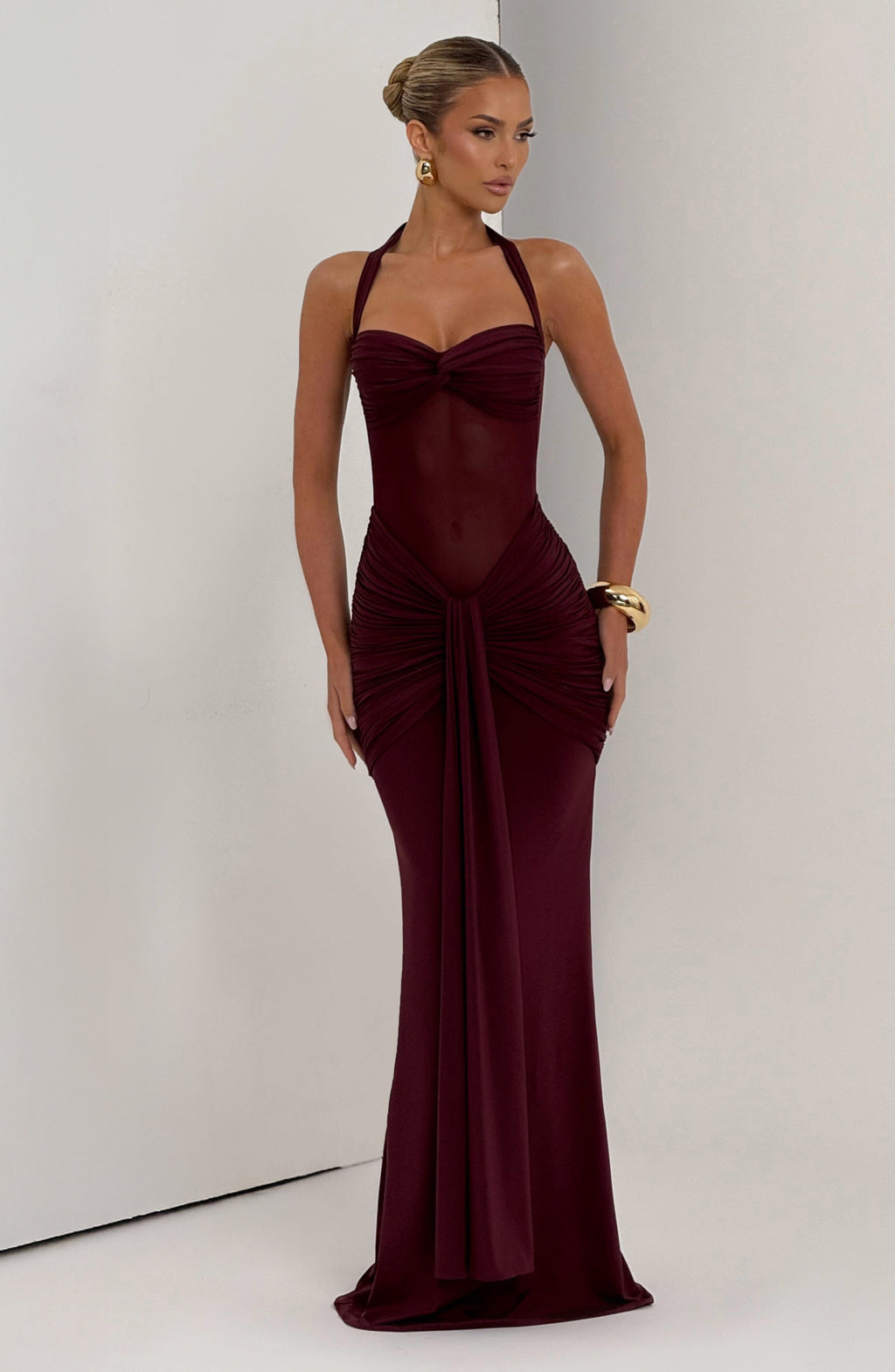 Fit and Flare Maxi Dress for Women – Flowy Evening Gown – Wine Red