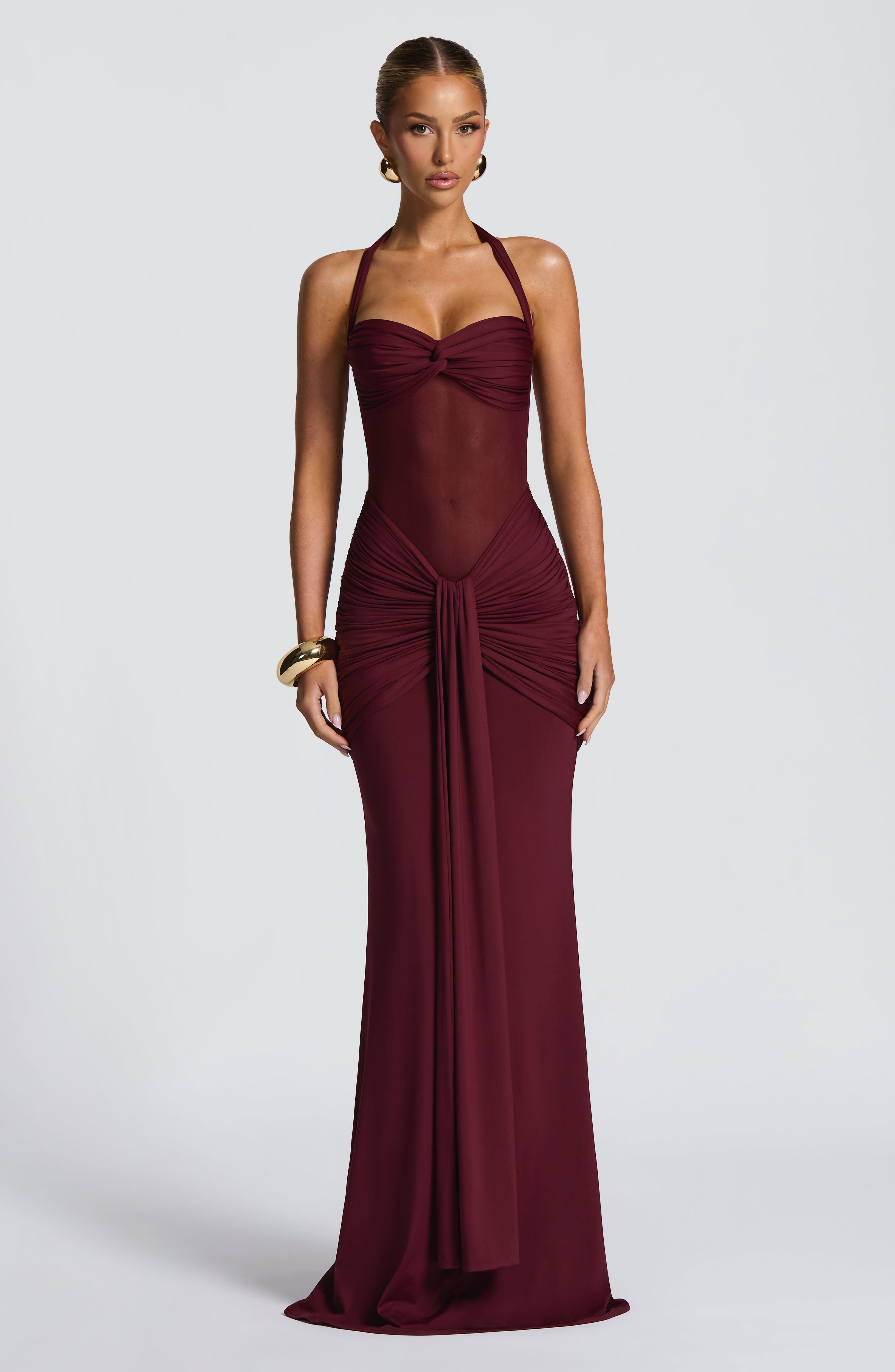 Fit and Flare Maxi Dress for Women – Flowy Evening Gown – Wine Red