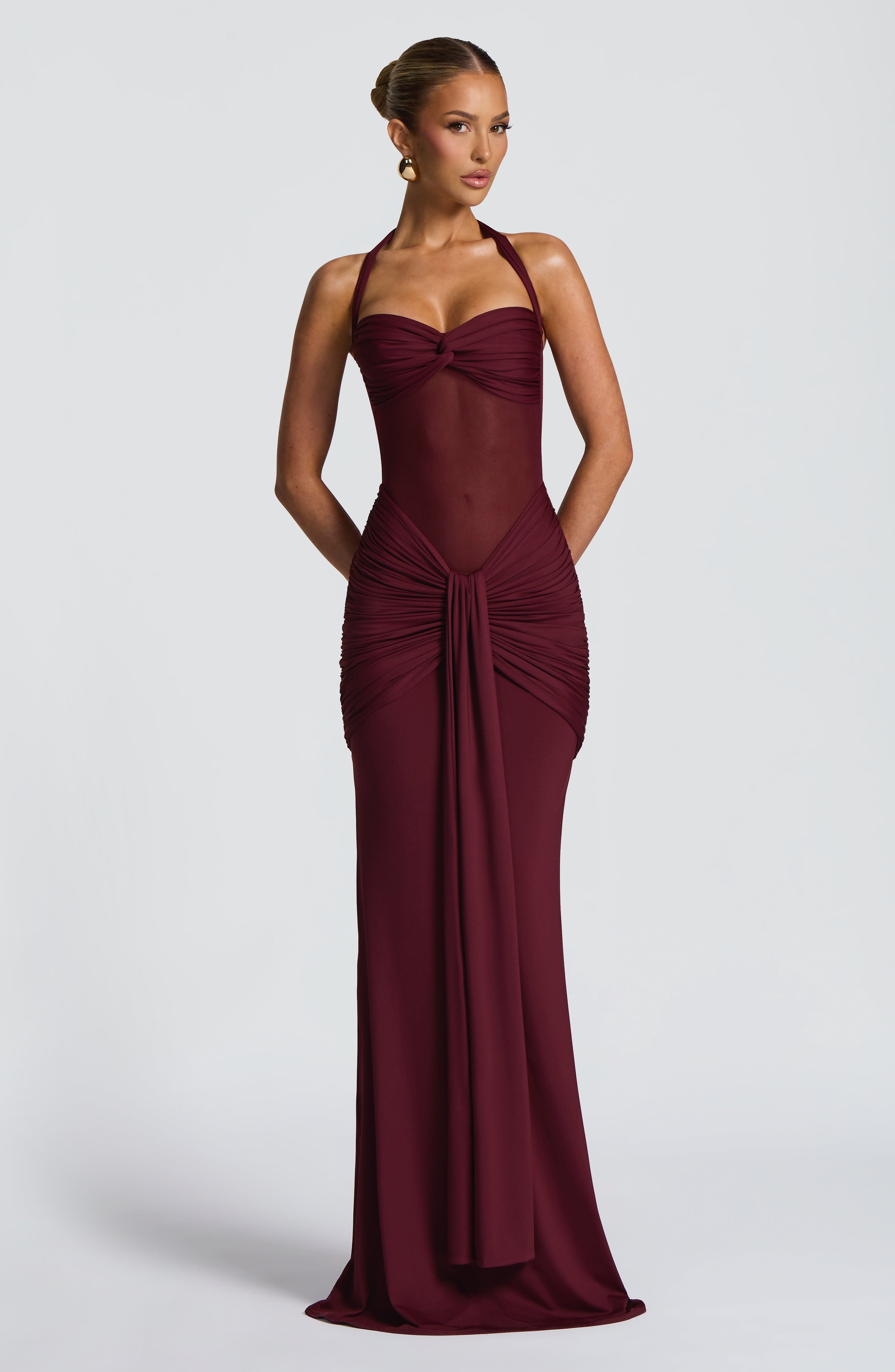 Fit and Flare Maxi Dress for Women – Flowy Evening Gown – Wine Red