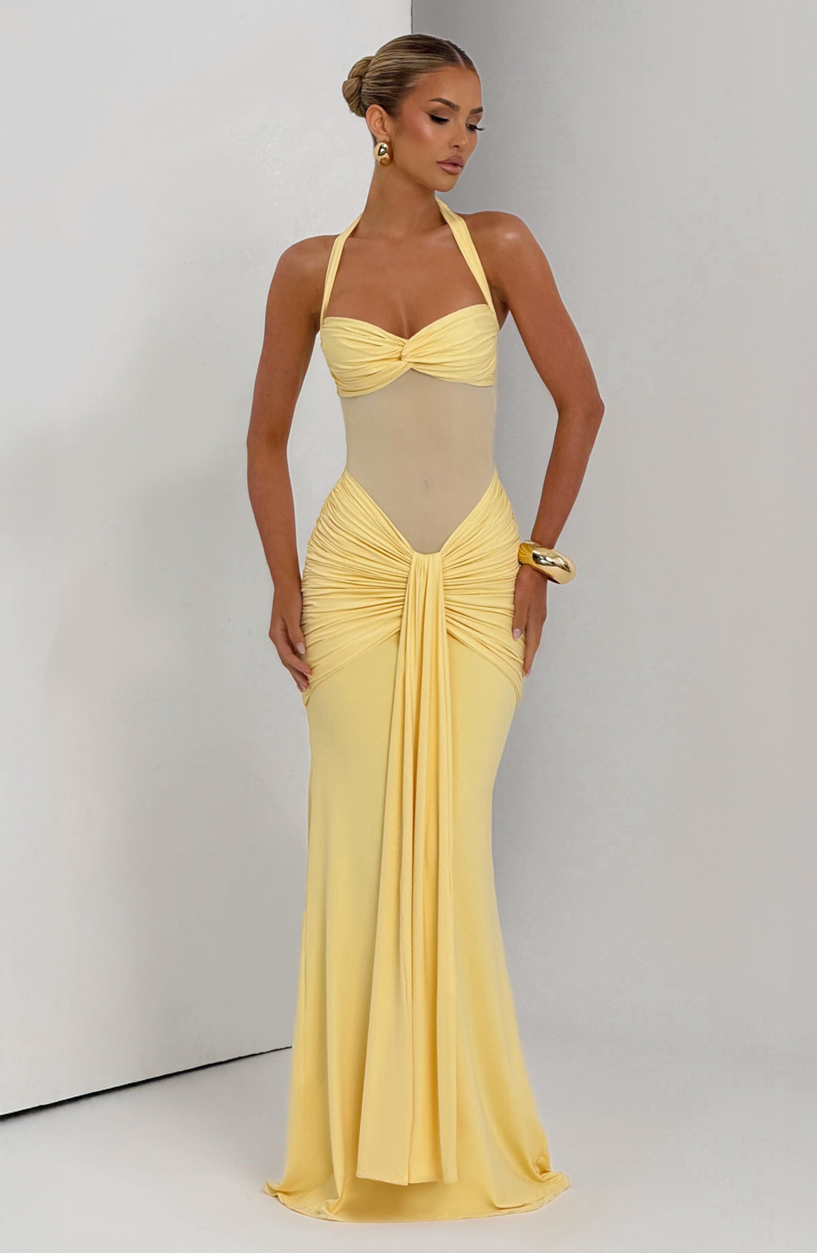 Fit and Flare Maxi Dress for Women – Flowy Evening Gown – Lemon