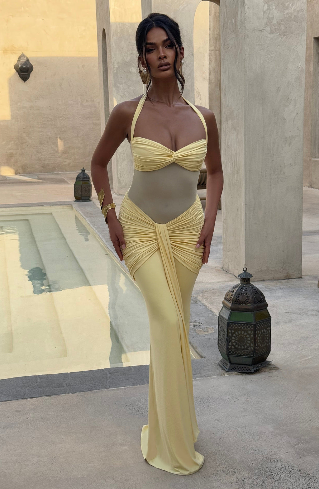 Fit and Flare Maxi Dress for Women – Flowy Evening Gown – Lemon
