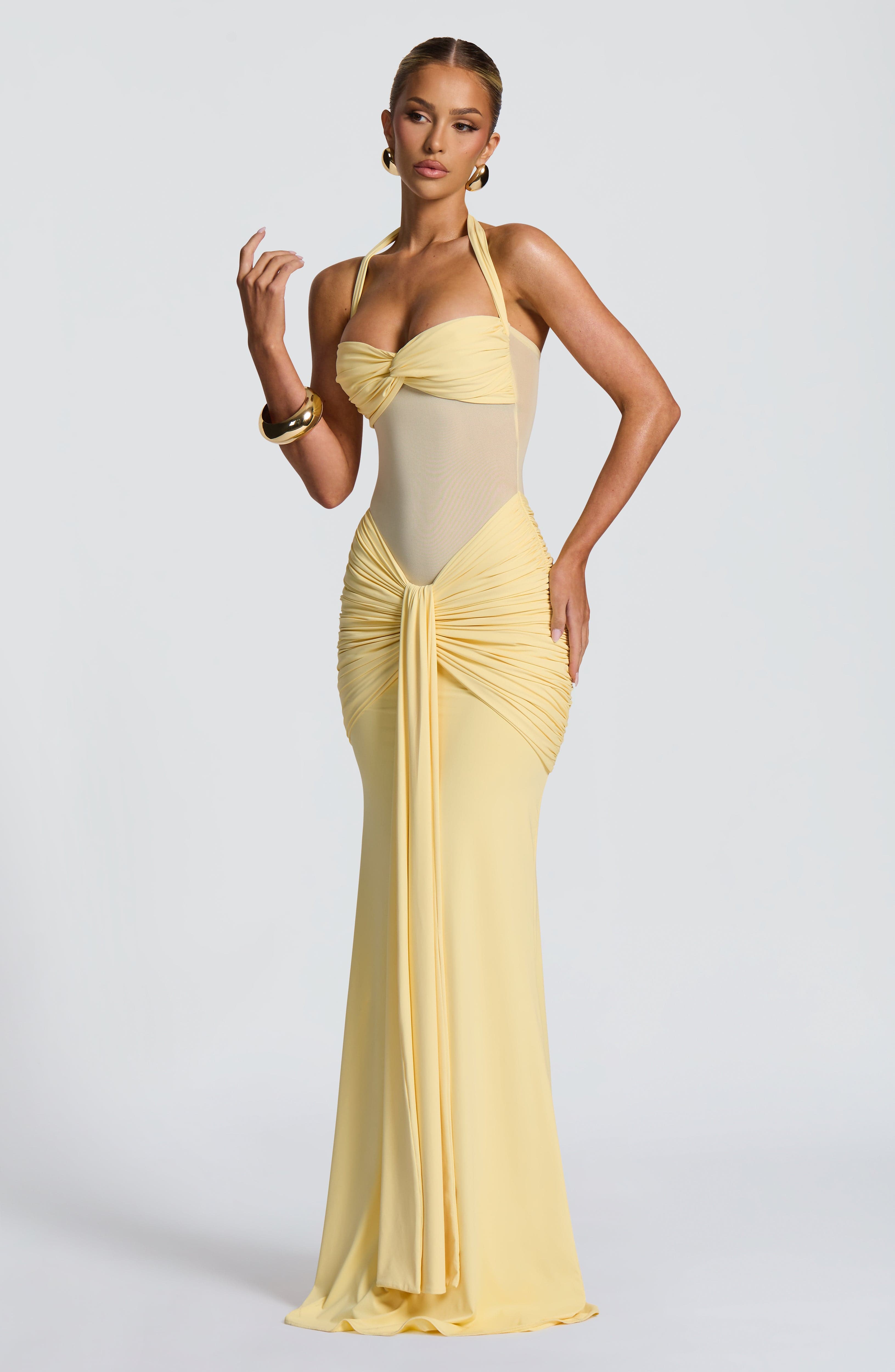Fit and Flare Maxi Dress for Women – Flowy Evening Gown – Lemon
