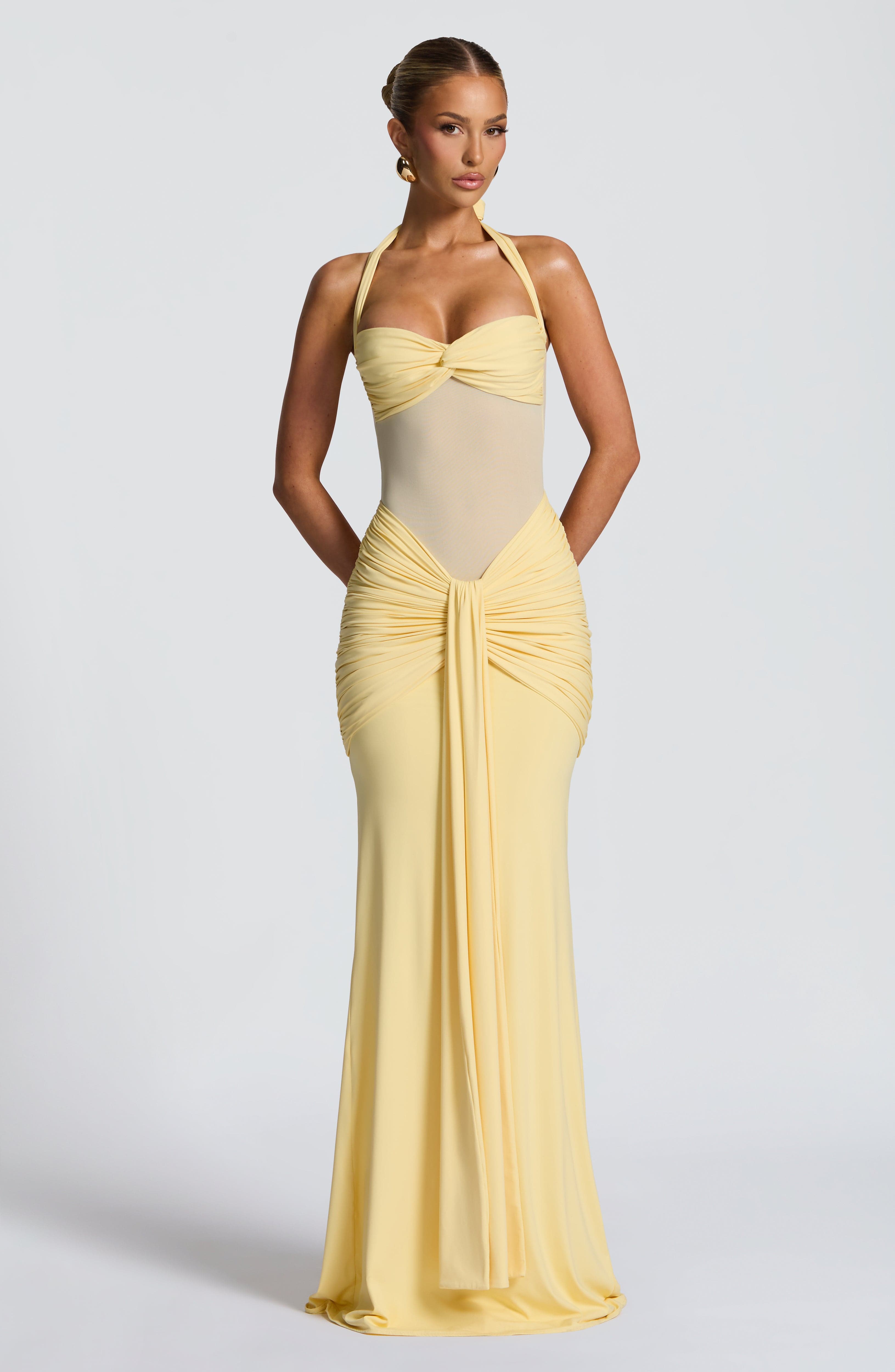 Fit and Flare Maxi Dress for Women – Flowy Evening Gown – Lemon