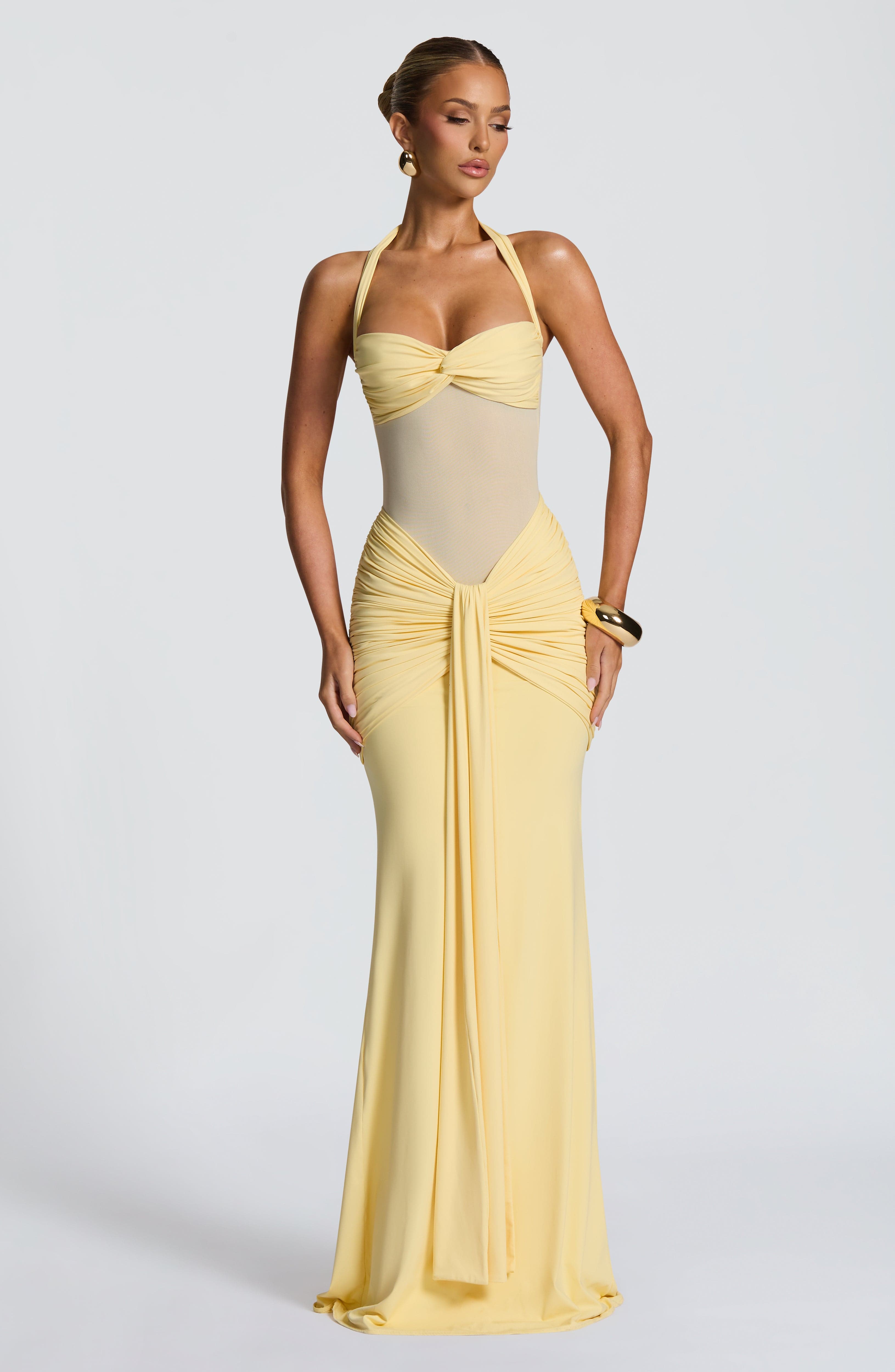 Fit and Flare Maxi Dress for Women – Flowy Evening Gown – Lemon
