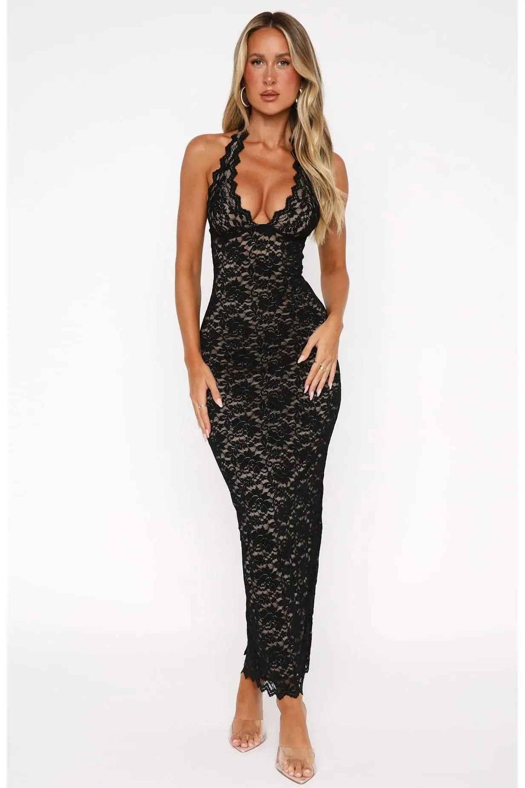 Floral Lace Halter Maxi Dress for Women – Sleeveless Evening Gown