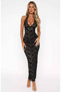 Floral Lace Halter Maxi Dress for Women – Sleeveless Evening Gown