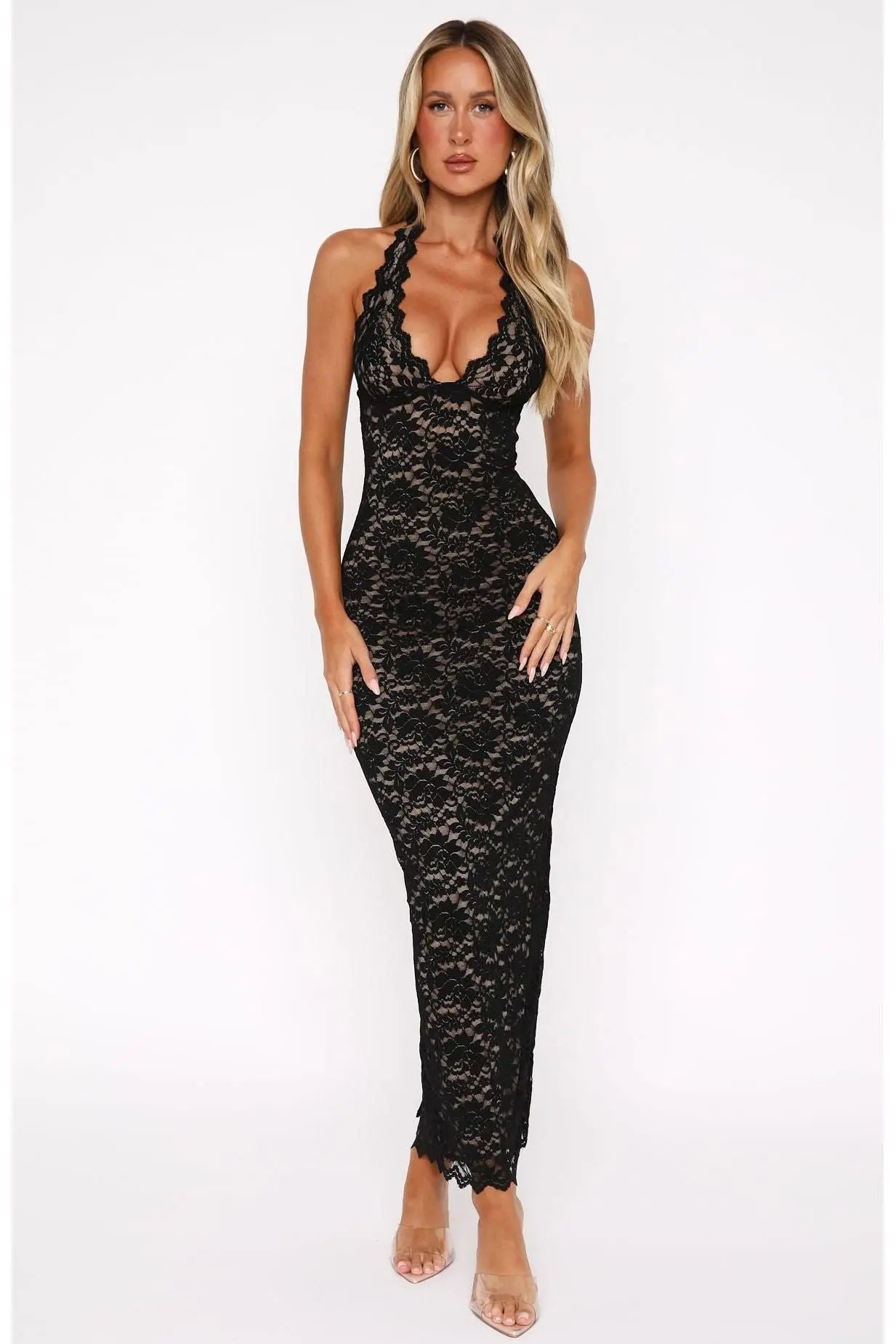 Thalia Lace Maxi Dress – Floral Halter Evening Gown for Women Celestia
